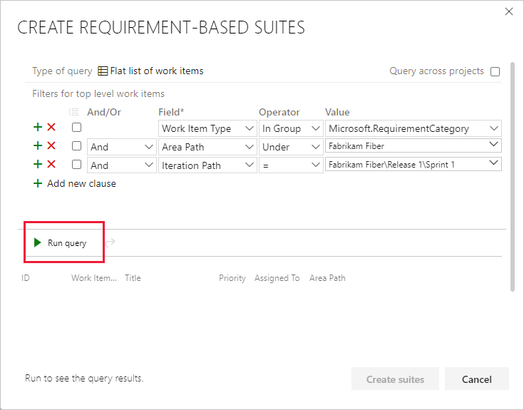 Screenshot zeigt das Hinzufügen von Klauseln zum Filtern nach Iteration und Ausführen der Abfrage zum Anzeigen von Ergebnissen für Azure DevOps Server 2020 und Azure DevOps Services.
