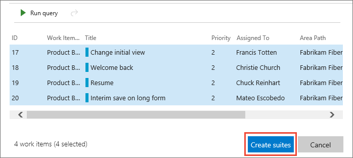 Screenshot des Hinzufügens von anforderungsbasierten Suites für Ihre Backlog-Elemente.