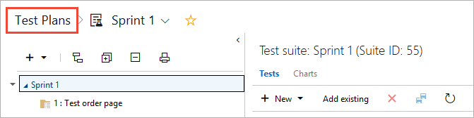 Screenshot, der das Öffnen der Liste der Testpläne zeigt.