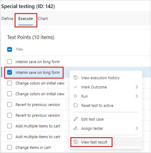 Screenshot shows selecting the View test results option from the context menu.