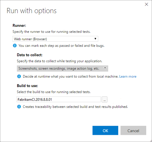 Screenshot shows the Run with options dialog box with a build.