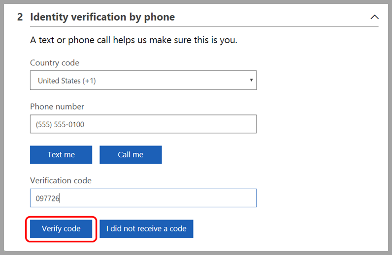 A screenshot of the Identity verification by phone screen.