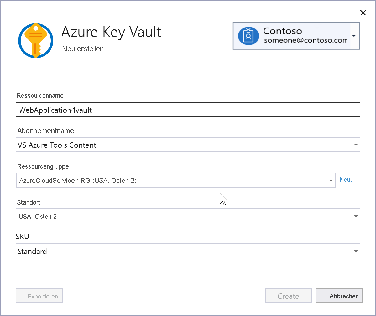 Screenshot des Bildschirms „Azure Key Vault erstellen“