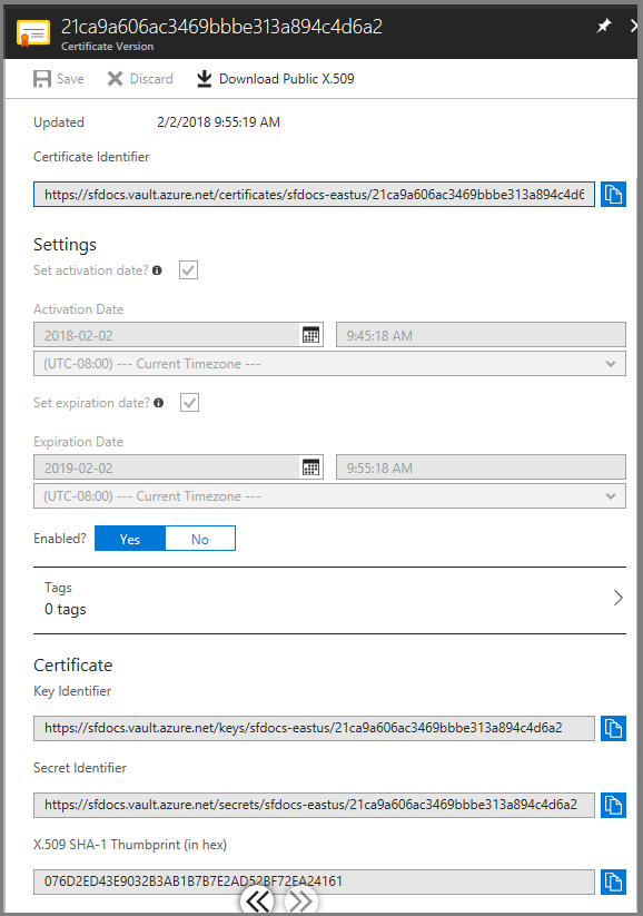 Screenshot shows the Certificate Version dialog box with an option to copy the Certificate Identifier.