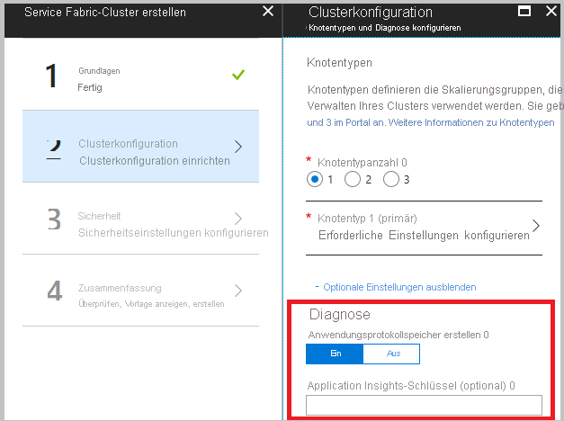 Azure Diagnostics settings in the portal for cluster creation