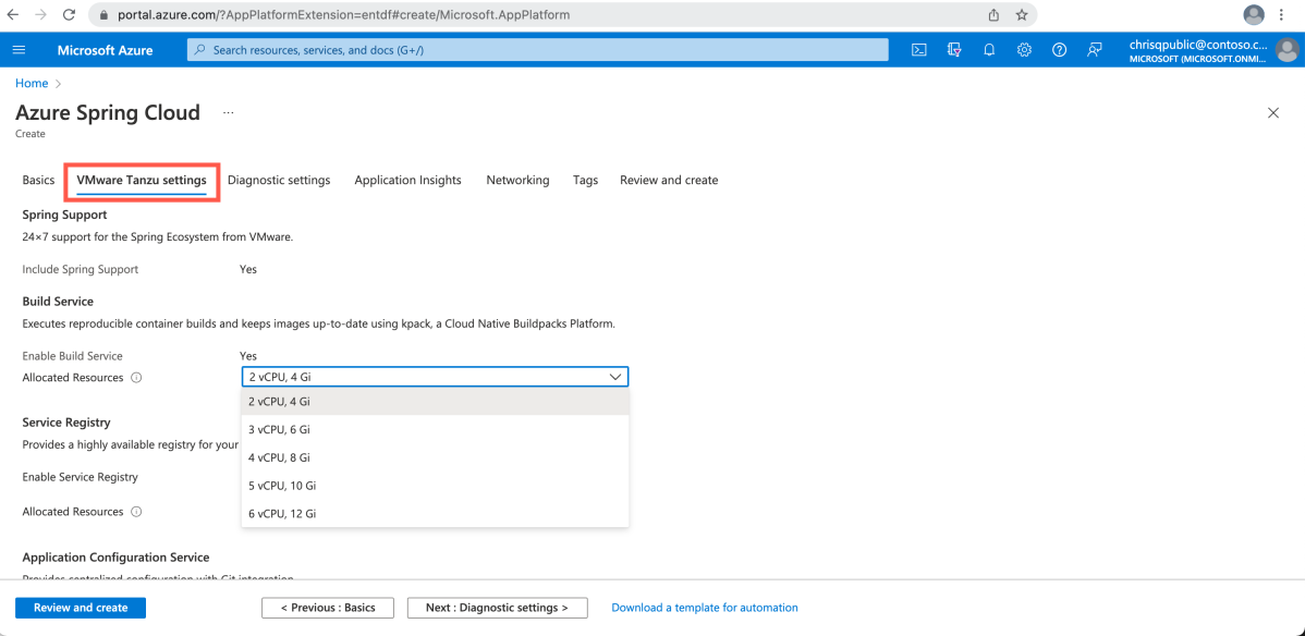 Screenshot of Azure portal showing Azure Spring Apps Create page with V M ware Tanzu settings highlighted and Allocated Resources dropdown showing.