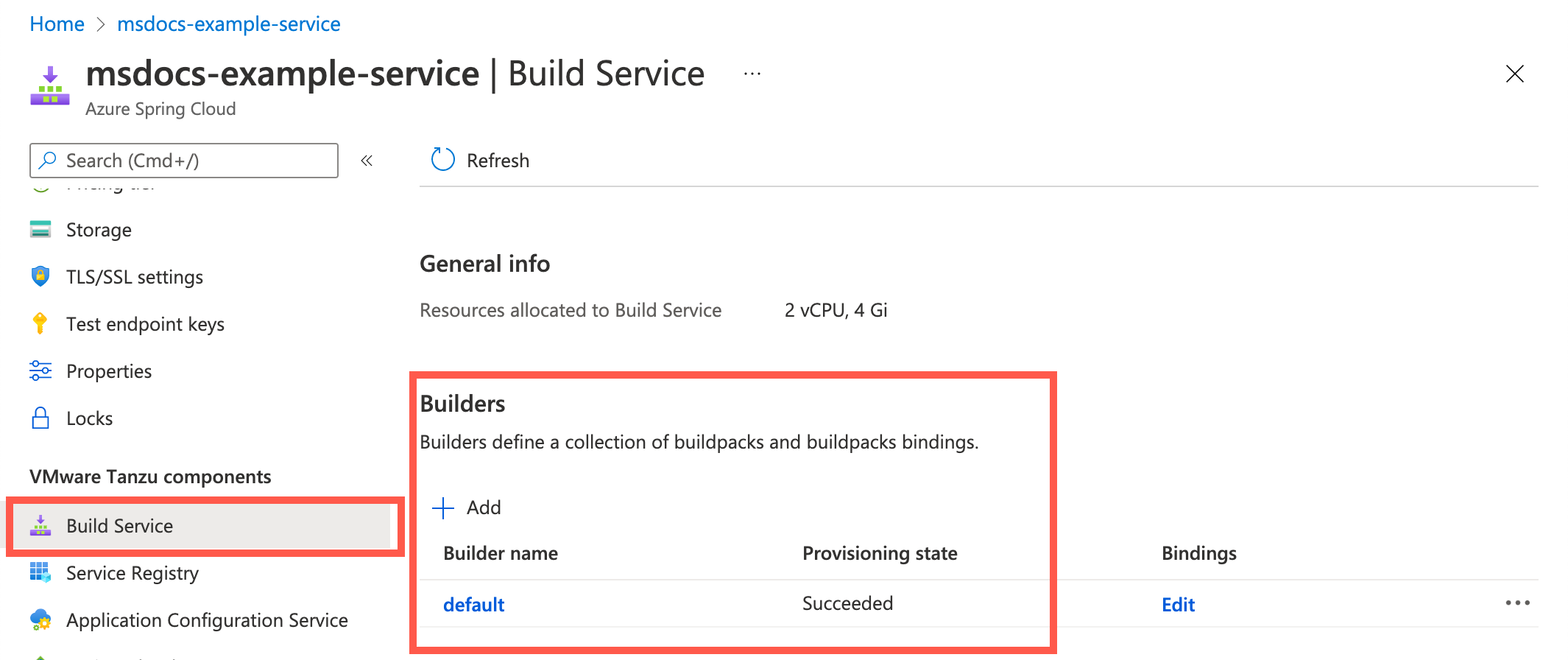 Screenshot of Azure portal showing Build Service page with list of configured builders.