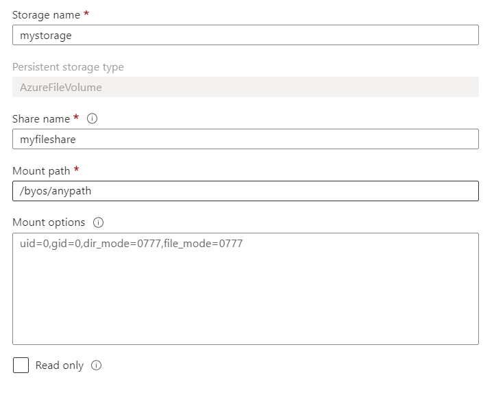 Screenshot of Azure portal 'Add persistent storage' form.
