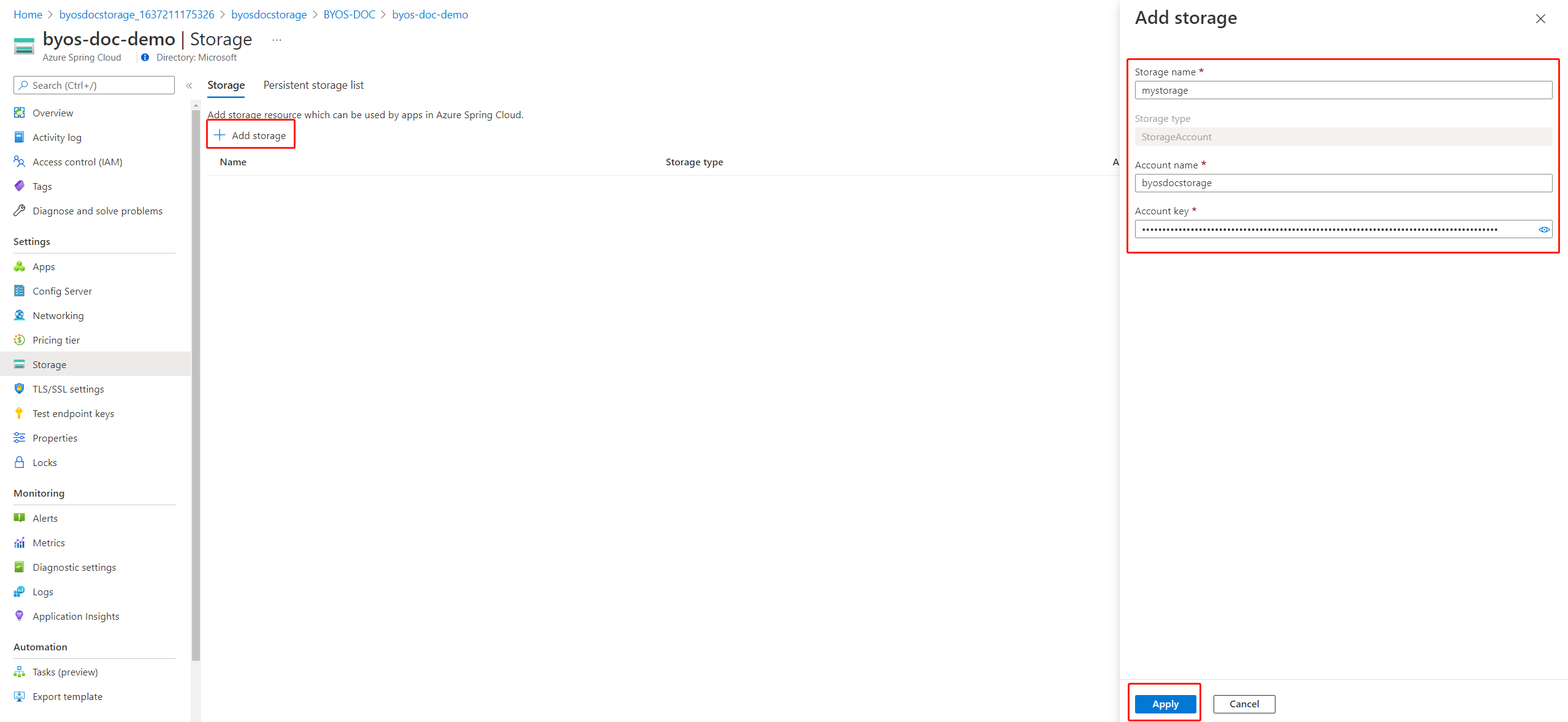 Screenshot of Azure portal showing the Storage page and the 'Add storage' pane.