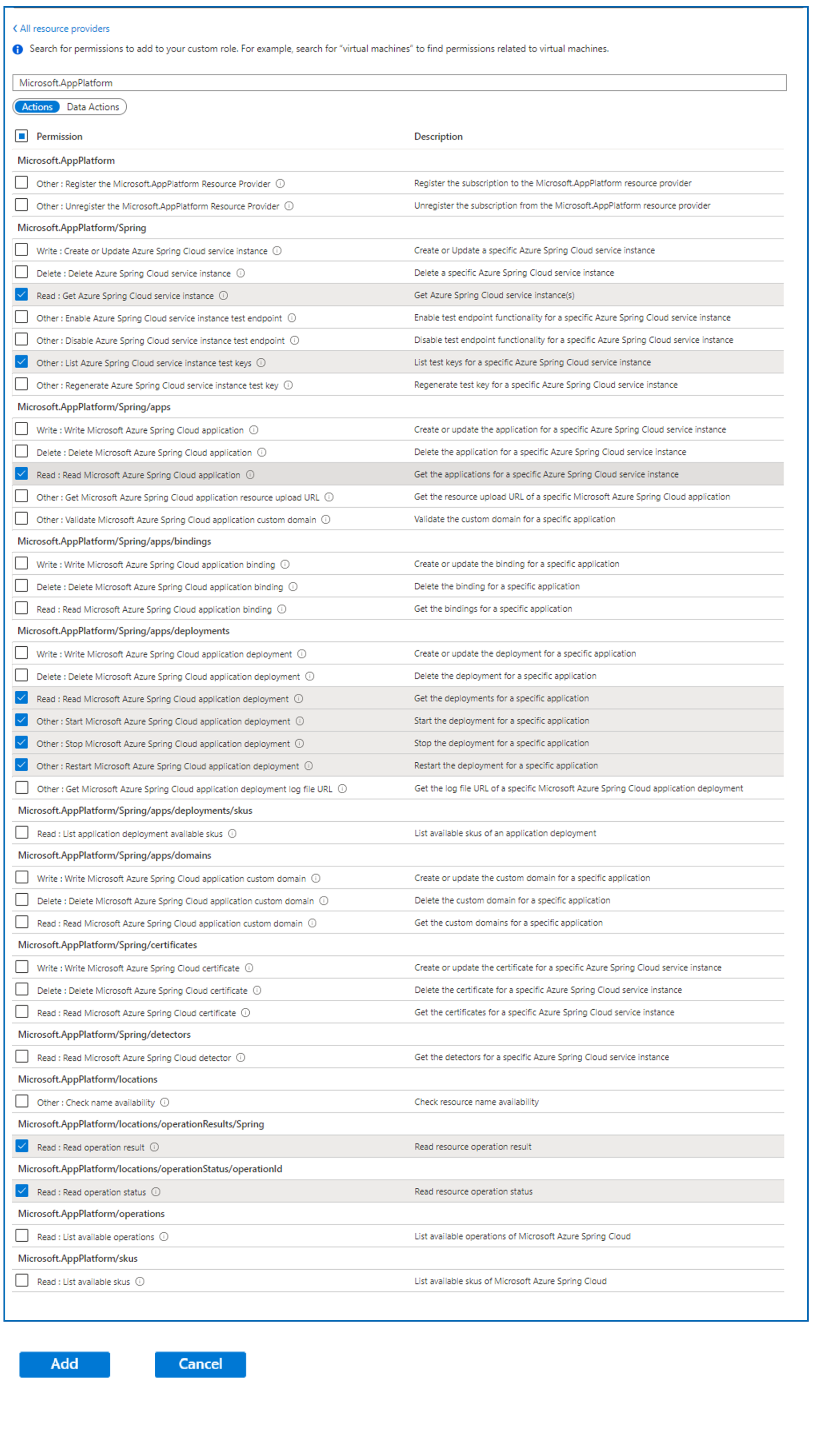 Screenshot of Azure portal that shows the selections for Ops - Site Reliability Engineering permissions.