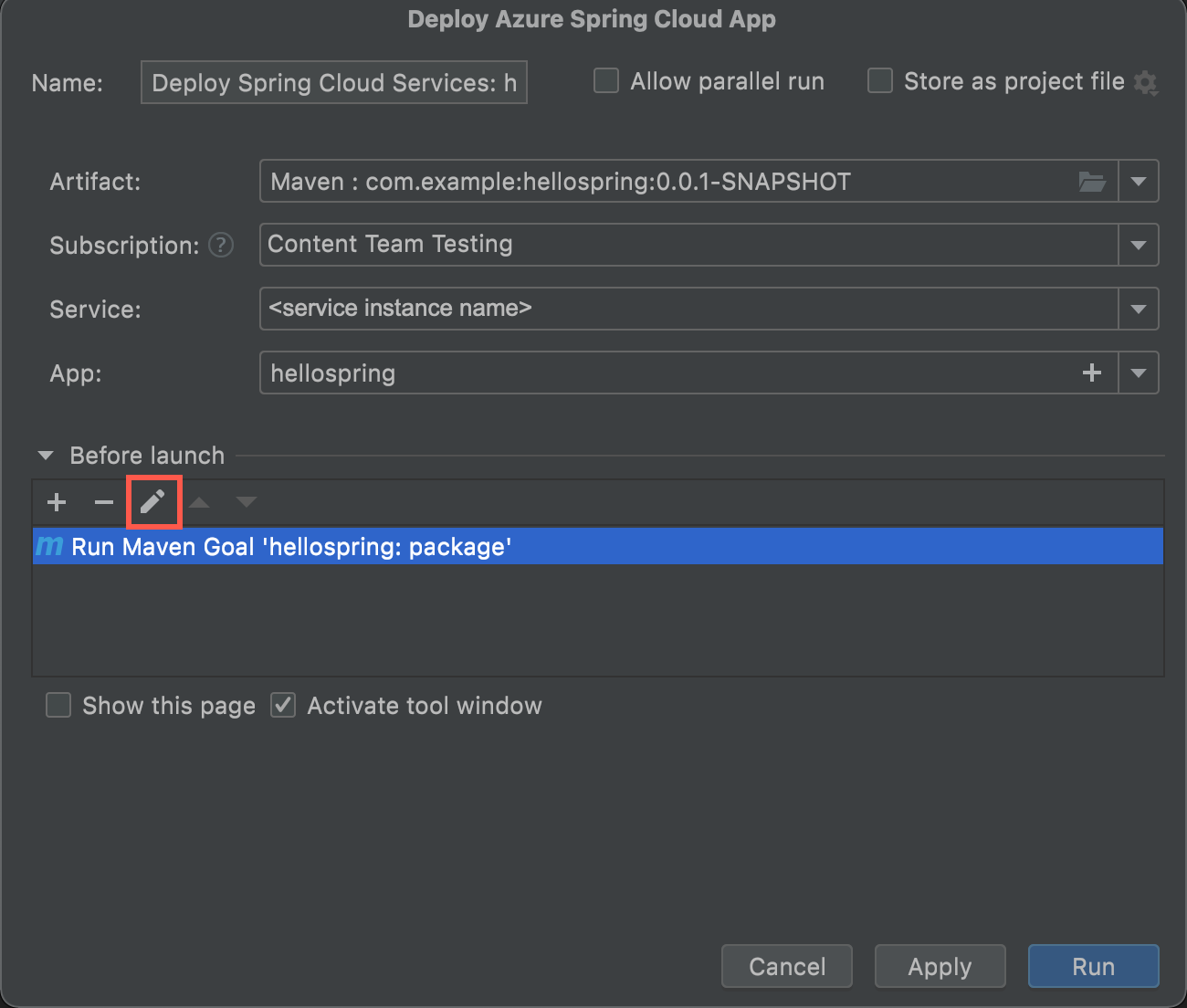 Screenshot of IntelliJ IDEA Create Azure Spring Apps dialog box with Maven Goal edit button highlighted.
