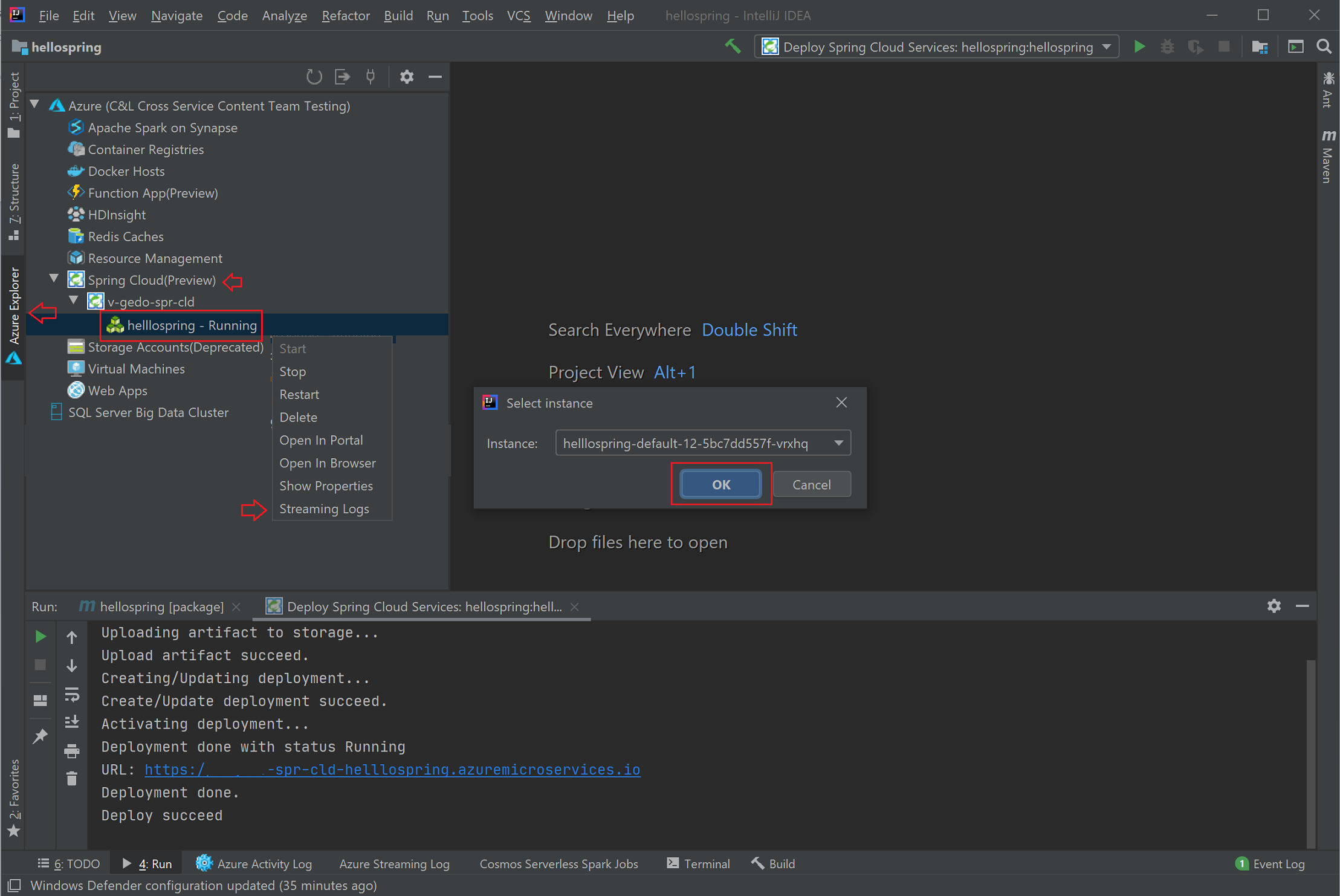 Screenshot of IntelliJ IDEA showing Select instance dialog box.