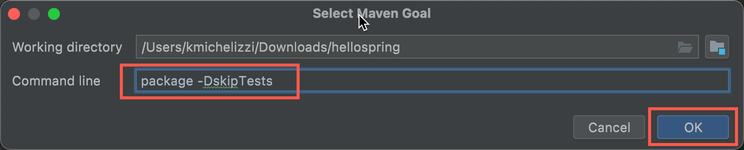 Screenshot of IntelliJ IDEA Select Maven Goal dialog box with Command Line value highlighted.