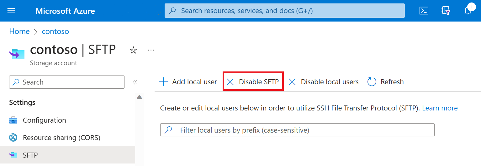 Screenshot der Schaltfläche „SFTP deaktivieren“.