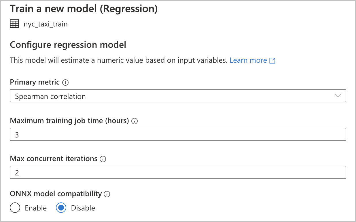 Screenshot: Zusätzliche Konfigurationen für ein Regressionsmodell