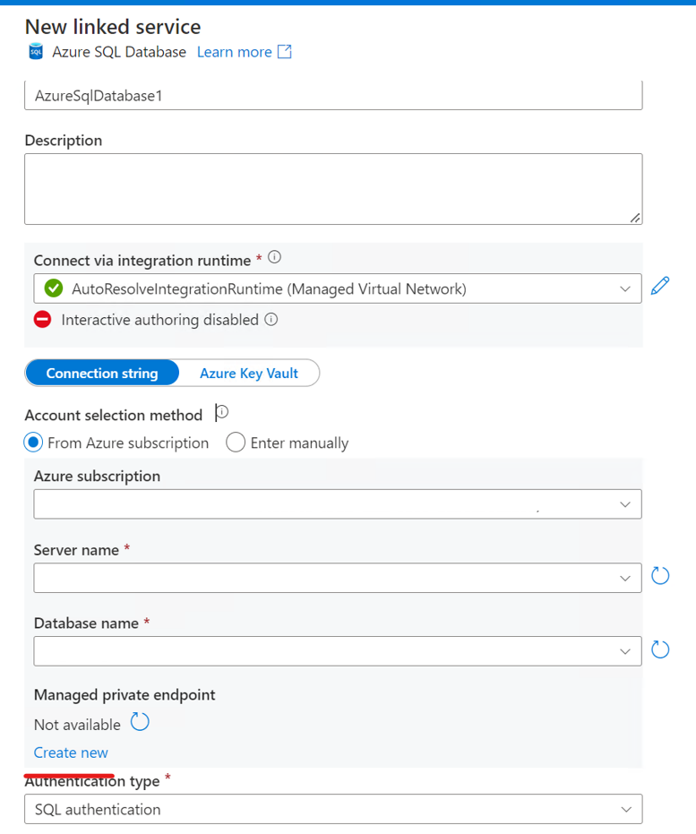 Screenshot: Neuer verknüpfter Dienst für Azure SQL-Datenbank, privater Endpunkt 1