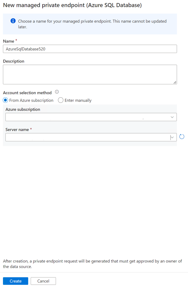 Screenshot: Neuer verknüpfter Dienst für Azure SQL-Datenbank, privater Endpunkt 2
