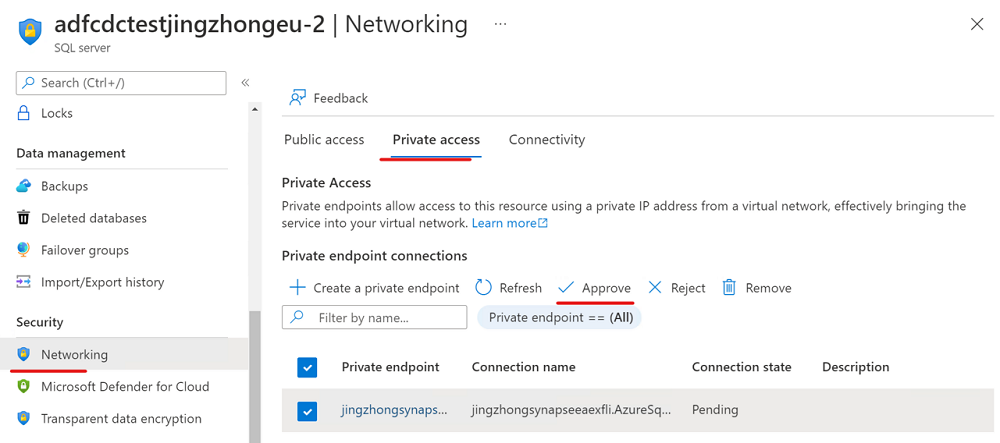 Screenshot: Neuer verknüpfter Dienst für Azure SQL-Datenbank, privater Endpunkt 3