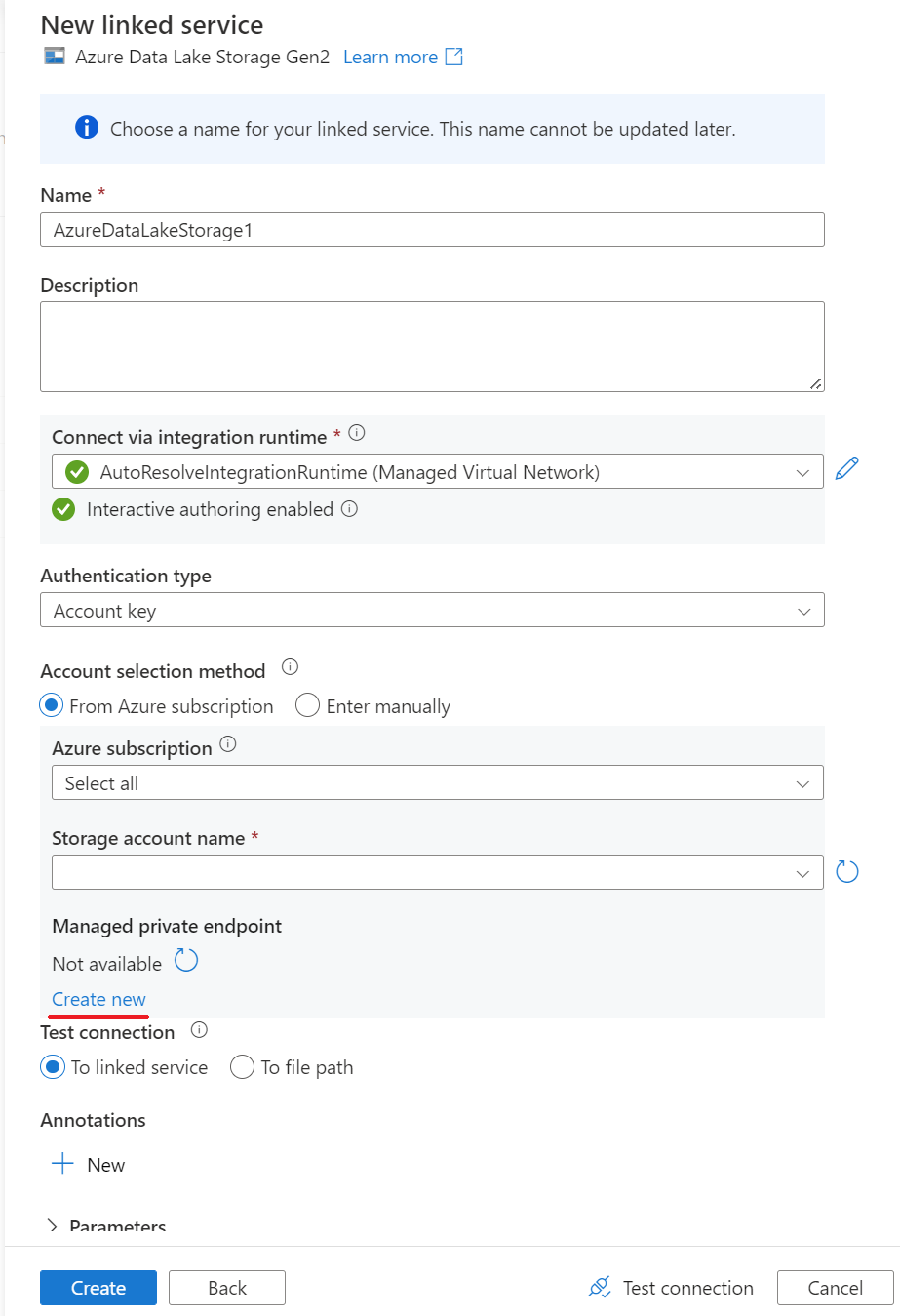 Screenshot: Neuer verknüpfter Dienst für Azure SQL Server 2022-Datenbank, privater Endpunkt 1.
