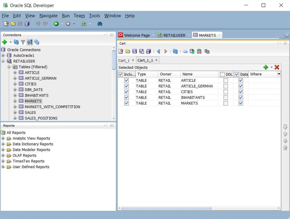 Der Screenshot der SQL Developer Cart Option Benutzeroberfläche.