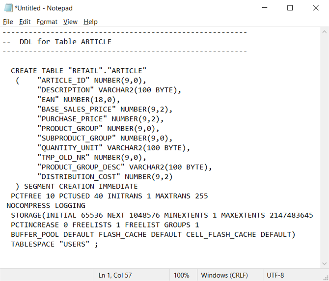 Der Screenshot zeigt die Quick DDL-Menüoption in Oracle SQL Developer.