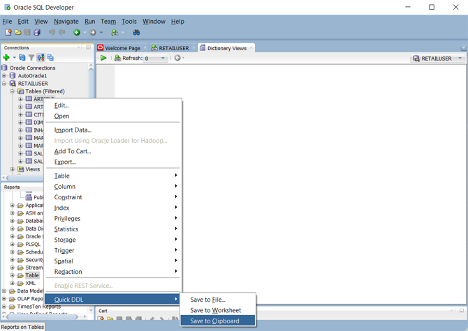 Der Screenshot zeigt die von Oracle SQL Developer generierte Anweisung zum Erstellen einer Tabelle.