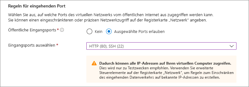 Screenshot of the inbound port rules section where you select what ports inbound connections are allowed on
