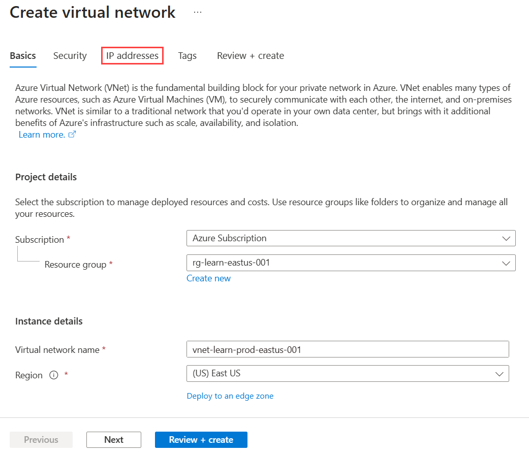Screenshot: Registerkarte mit Grundlagen für das virtuelle Hub-and-Spoke-Netzwerk