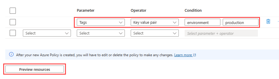 Screenshot: Tag der Fenstereinstellung für „ Azure Policy erstellen“ mit Schlüsse-Wert-Paar