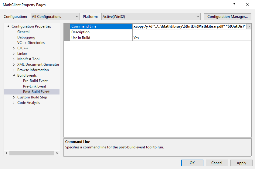 Screenshot of the Property Pages dialog showing the post build event command line property.