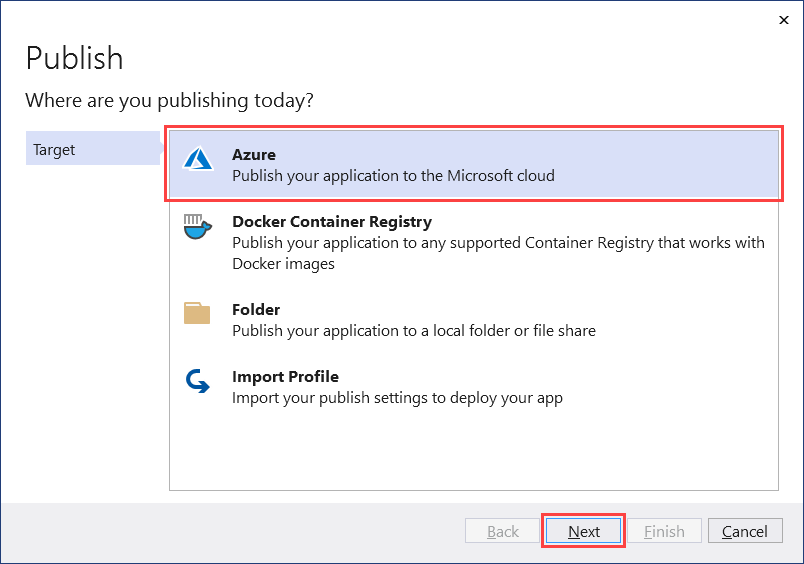 Visual Studio: Publish dialog - select Azure