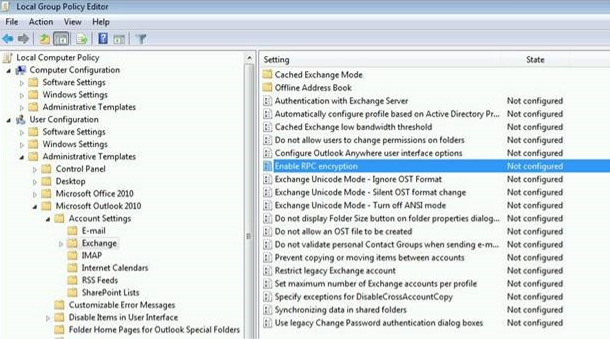 Screenshot, in dem der Knoten „Exchange“ unter „Outlook 2010“ ausgewählt ist.