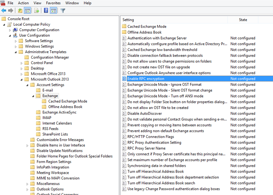 Screenshot, in dem der Knoten „Exchange“ unter „Outlook 2013“ ausgewählt ist.