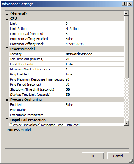 Screenshot of the Advanced Settings dialog box. Process Model is highlighted.
