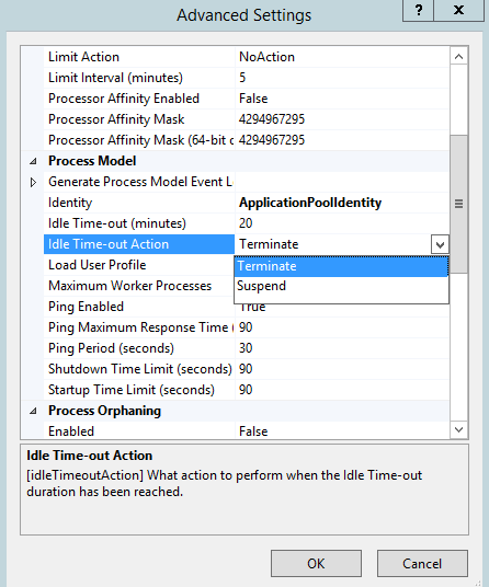 Screenshot of the Advanced Settings dialog box. Idle Time out-Action is highlighted and Terminate is selected in the drop down menu.