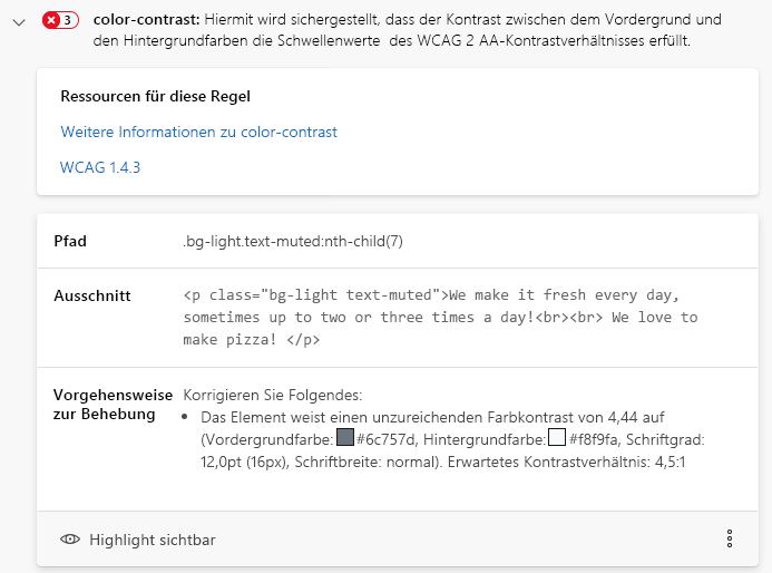 Screenshot that shows details of a color contrast issue in Accessibility Insights for Web.