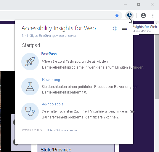 Screenshot that shows the launch pad in Accessibility Insights for Web.