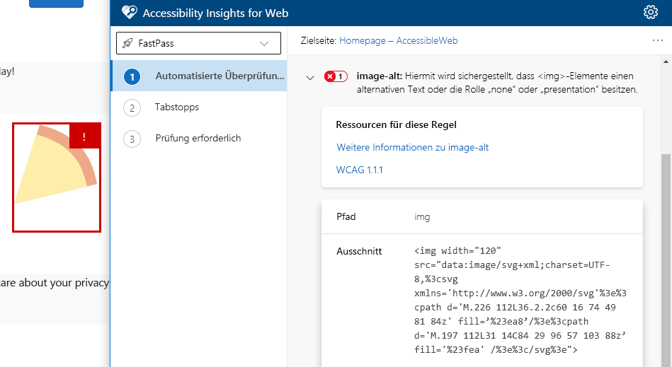 Screenshot: Accessibility Insights for Web zeigt einen Fehler zu fehlendem Alternativtext für ein Bild an