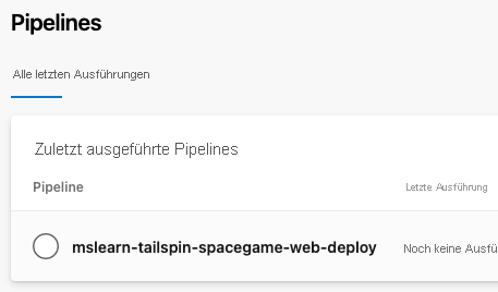Screenshot of Azure Pipelines showing the pipeline for this project. The pipeline has no runs.
