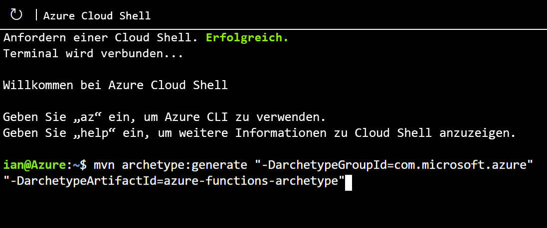 Image showing the Maven command to create an Azure Function archetype.