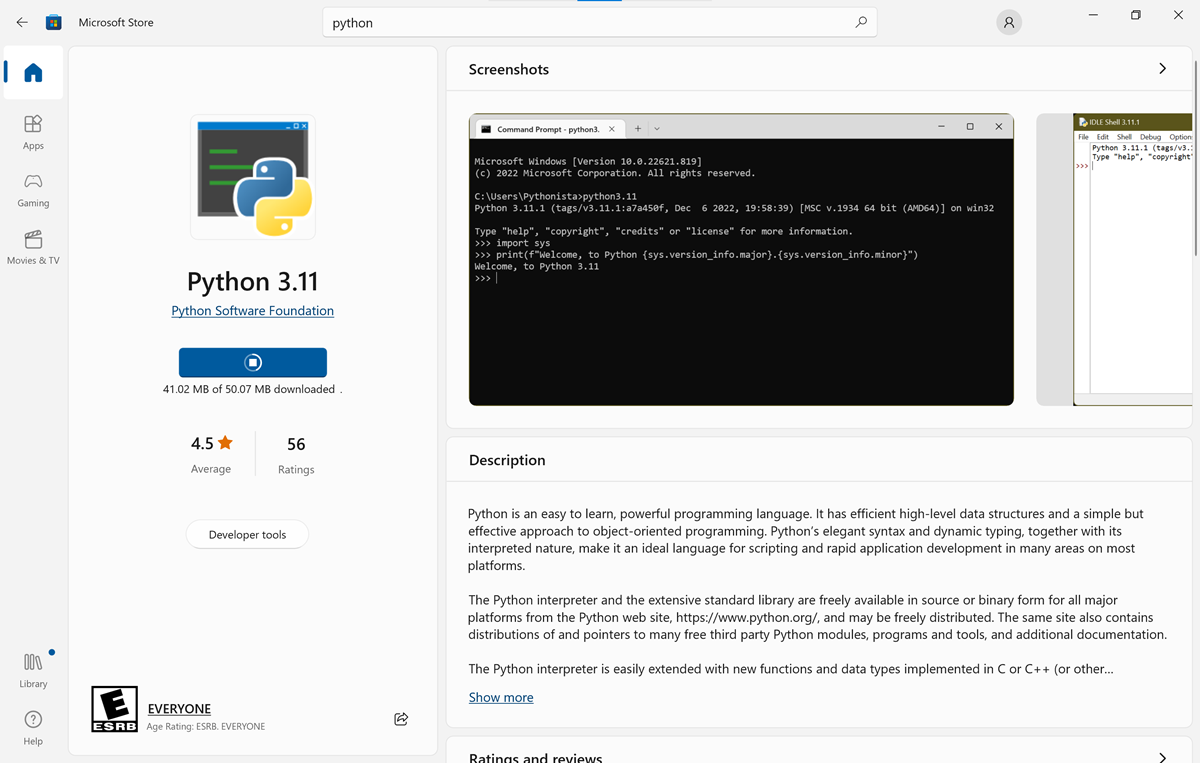 Screenshot of installation progress for Python from the Microsoft Store.