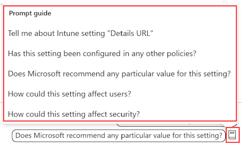 Screenshot: Leitfaden zur Eingabeaufforderung für Copilot-Einstellungen und eine Liste der verfügbaren Eingabeaufforderungen im Einstellungskatalog in Microsoft Intune und Intune Admin Center