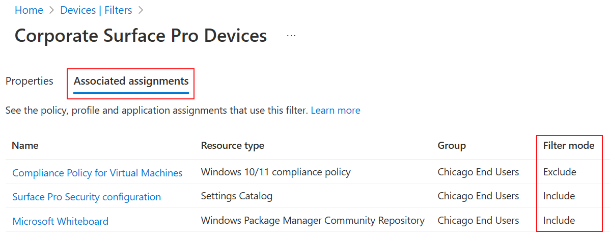 Screenshot: Zugeordnete Zuweisungsregisterkarten für einen vorhandenen Filter in Microsoft Intune