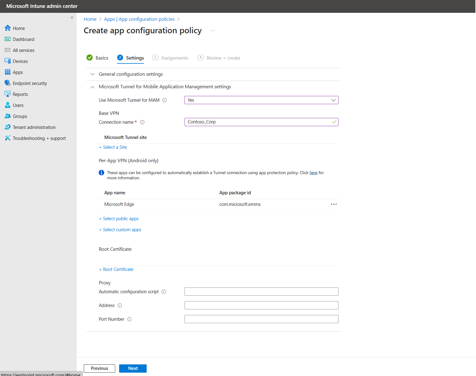 Screenshot der Konfiguration pro App mit hinzugefügtem Microsoft Edge.