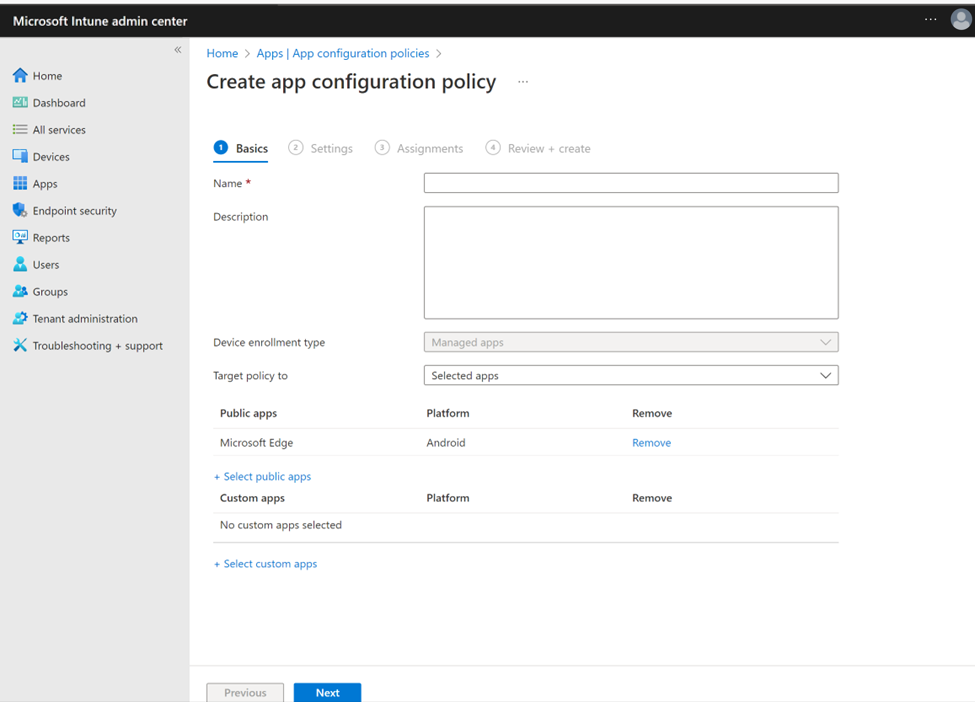 Screenshot: Konfigurieren einer App-Konfigurationsrichtlinie mit Microsoft Edge als öffentliche App