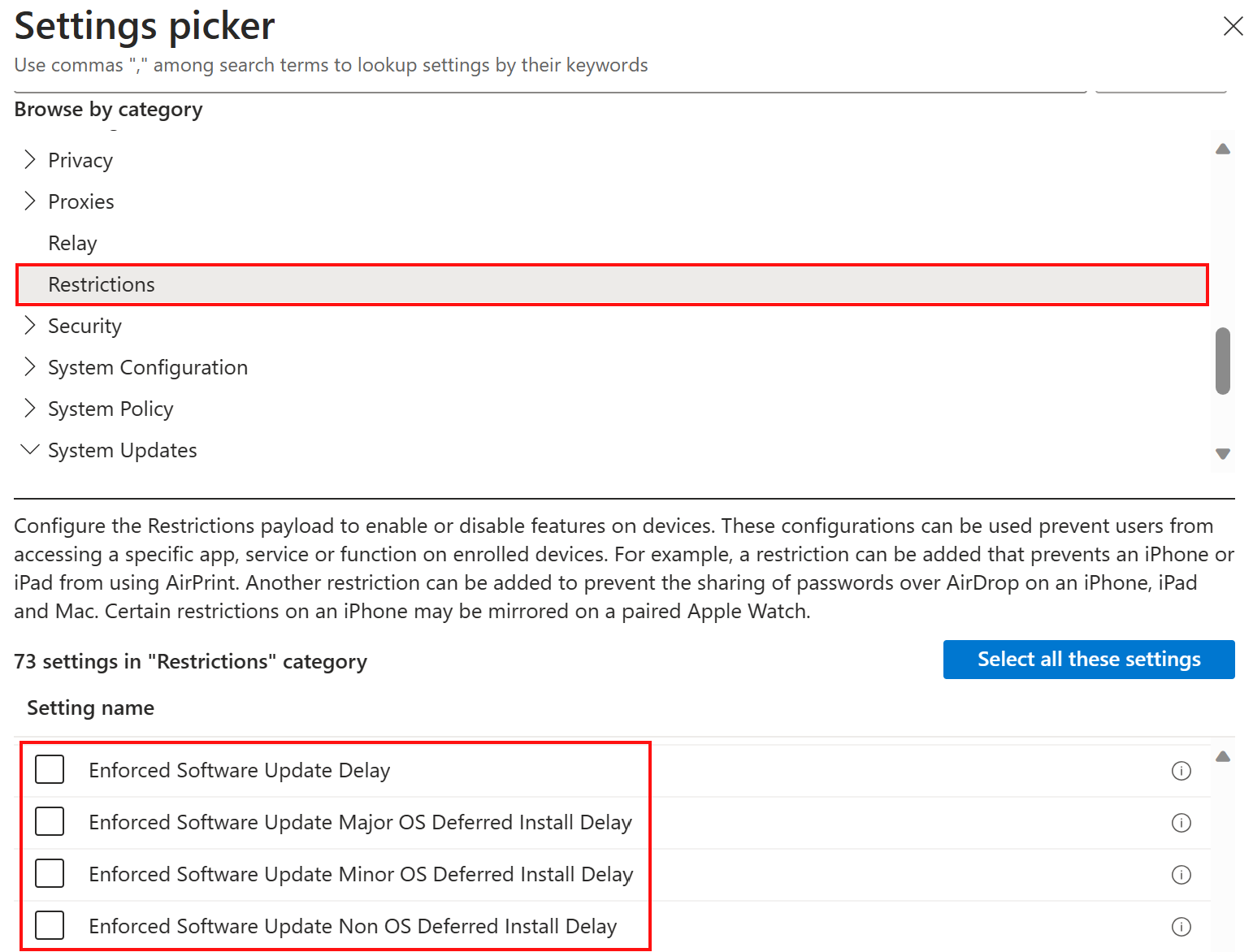 Screenshot: Richtlinieneinstellungen für Katalogeinschränkungen zum Verzögern oder Zurückstellen von Softwareupdates in Microsoft Intune