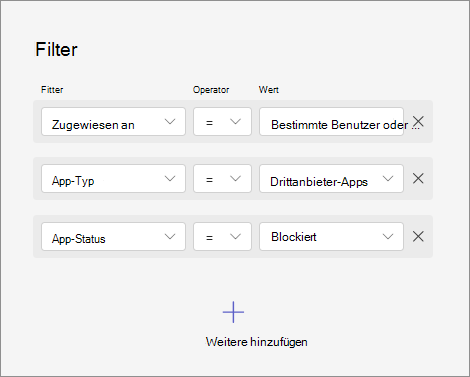 Screenshot: Filtern von Apps durch Kombinieren verschiedener Kriterien wie Zuweisungen, App-Typ und App-status