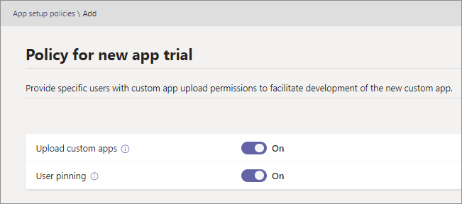 Screenshot: Zulassen benutzerdefinierter Apps in Ihrem organization im Bereich organisationsweite App-Einstellungen