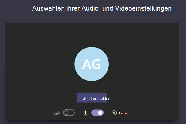 Screenshot zeigt die Besprechungsteilnahme mit Audio/Video-Einstellungen auf dem Desktop.