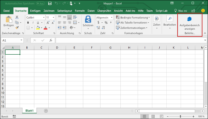 Screenshot des Excel-Menüs „Start“ mit hervorgehobener Schaltfläche „Aufgabenbereich anzeigen“.